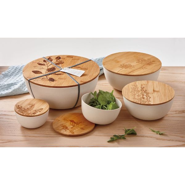 Picture of botanica set of 5 bamboo fiber bowl with bamboo lid - Natural
