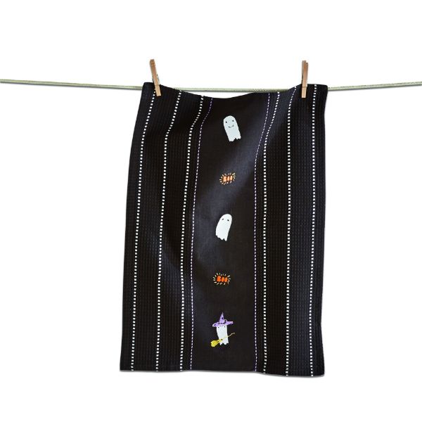 Picture of boo embroidered waffle weave dishtowel - black, multi