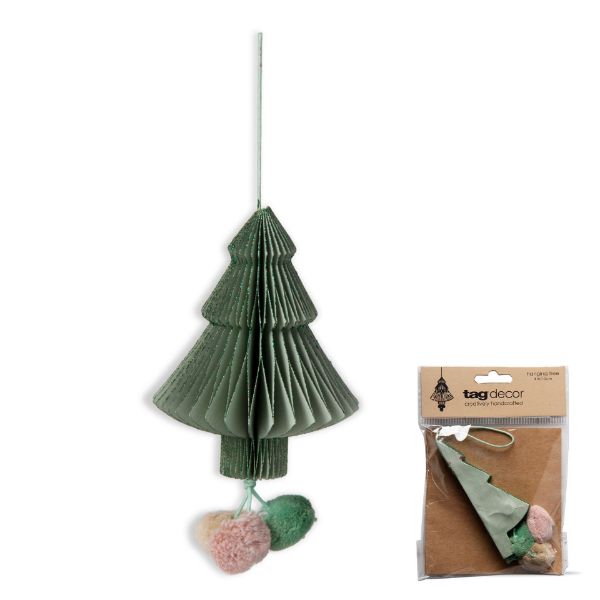 Picture of paper tree pom pom ornament - green, multi