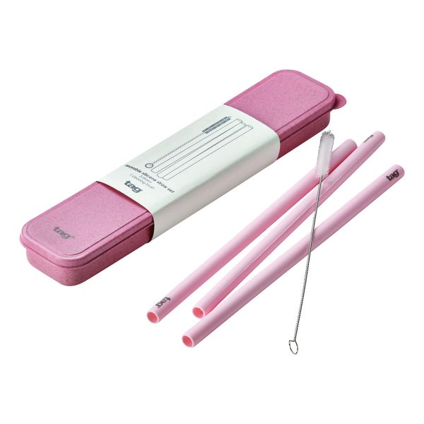 Picture of reusable silicone straw set - pink