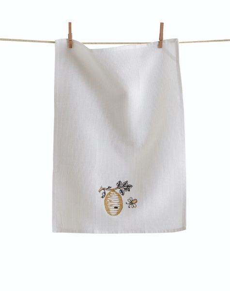 Picture of busy bee embroidered waffle weave dishtowel - white, multi