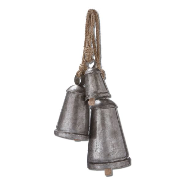 Picture of vintage bell & jute hanger set of 3 - antique silver