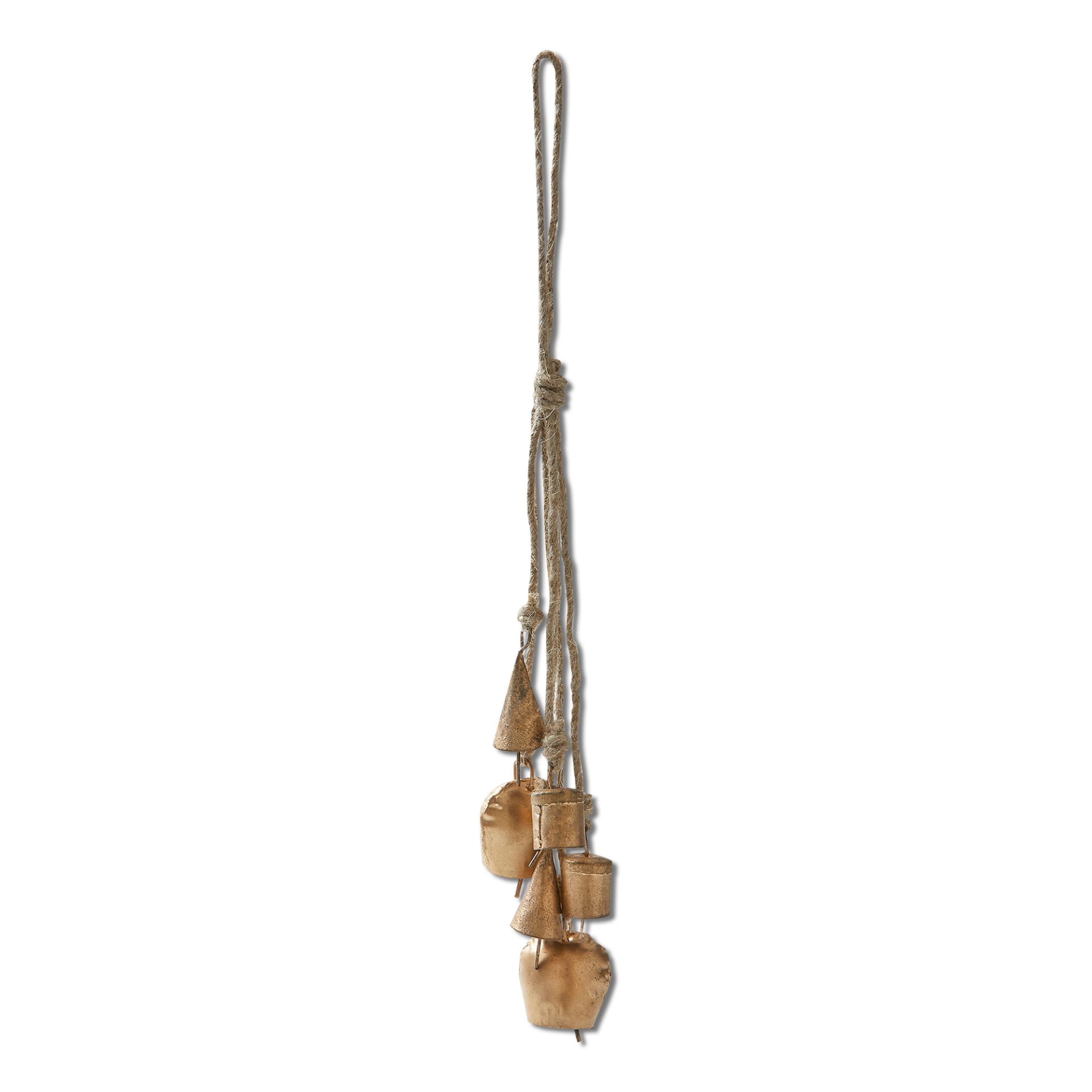 Metal 28H Hanging Bells with Wood Beads and Jute Rope, Antique Brass  Finish - The Arrangement