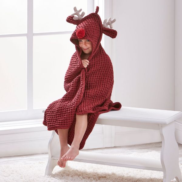Picture of reindeer hooded waffle towel - mahogany