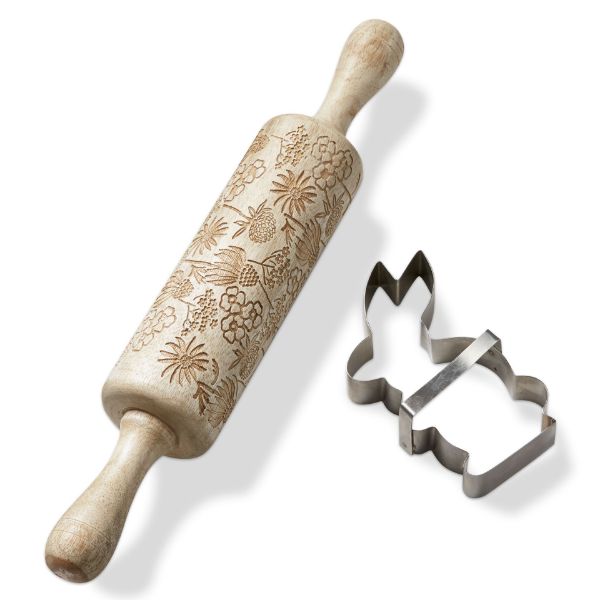 Picture of wildflower embossed rolling pin & bunny cookie cutter set of 2 - natural