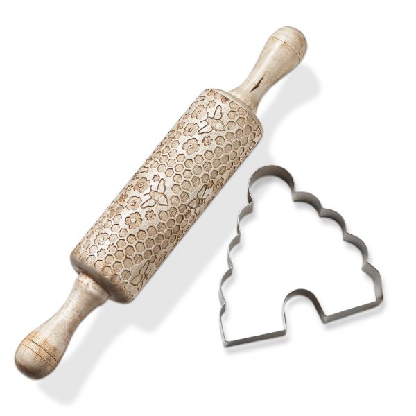 Picture of honeybee embossed rolling pin & hive cookie cutter set of 2 - natural