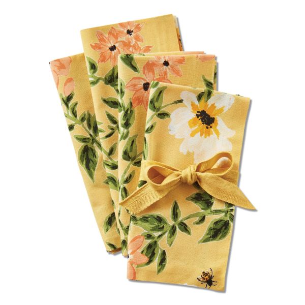 Picture of bee floral napkin set of 4 - yellow