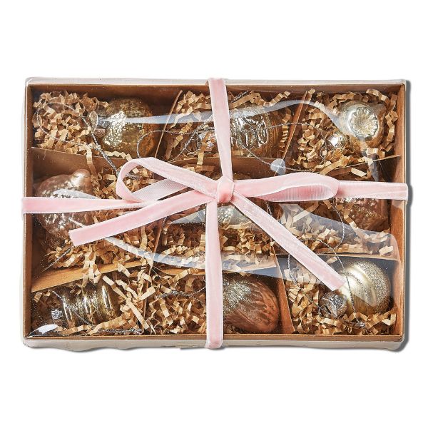Picture of vintage glass ornaments box set of 9 tied with velvet ribbon - multi