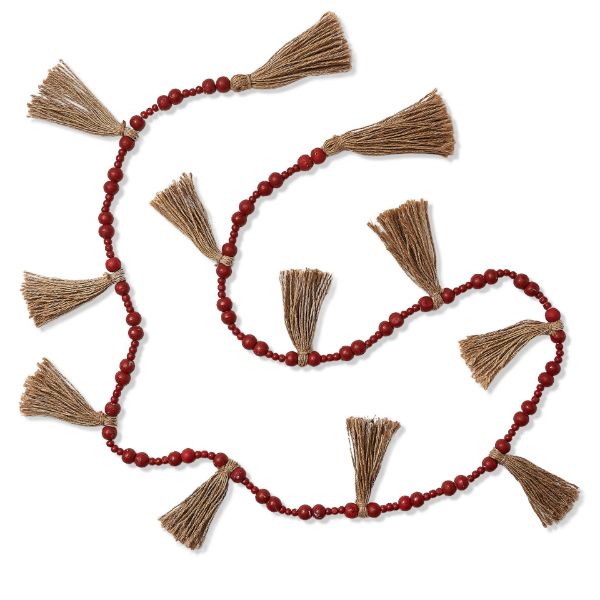 Picture of natural wood bead & jute tassel garland - multi
