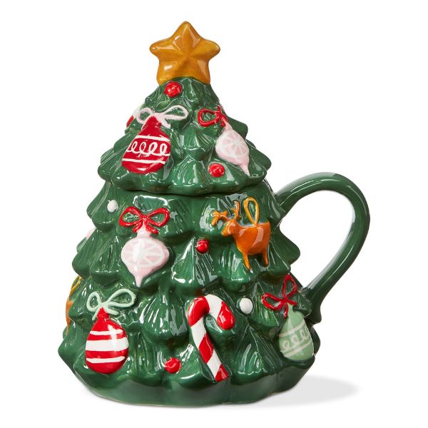 Picture of christmas tree & all the trimmings lidded mug - green