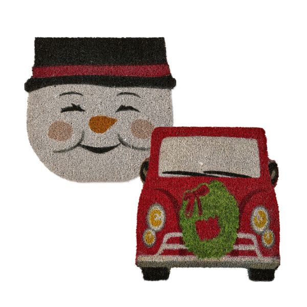 Picture of vintage snowman & truck latex backed coir mats assortment of 2 - red