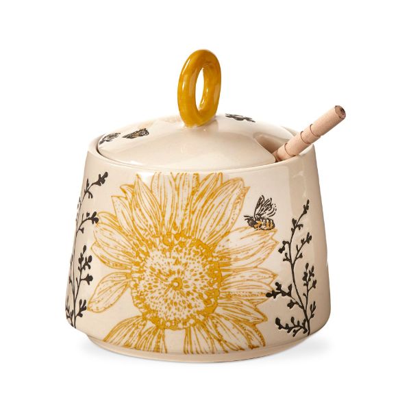 tag wholesale let it bee honey dipper set with lid jar wood stoneware white honeycomb beehive