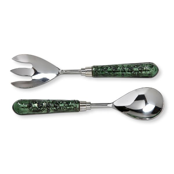 Picture of glass handle salad server set of 2 - green
