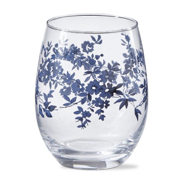 tag wholesale cottage floral stemless wine glass barware drinks beverages cocktail gift blue