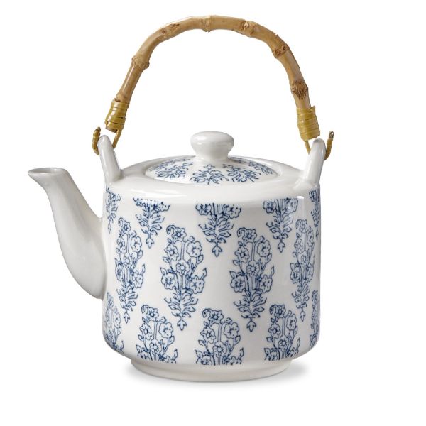 tag wholesale cottage teapot with lid bamboo handle stoneware ceramic gift floral art white blue
