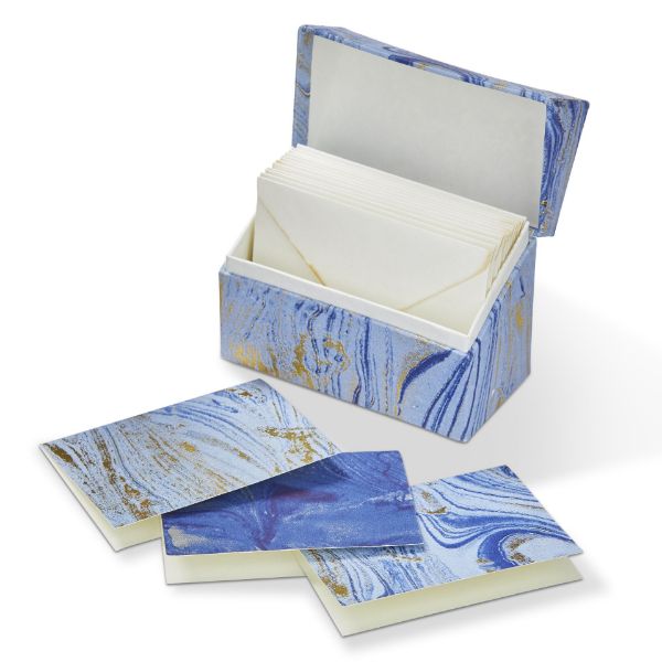 Picture of marbleized note cards with box - blue multi