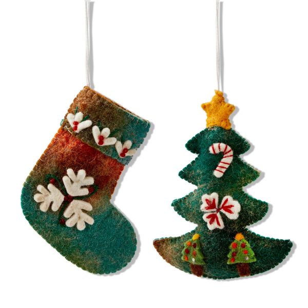 Picture of tie-dye tree & stocking candy cane ornament assortment of 2 - multi
