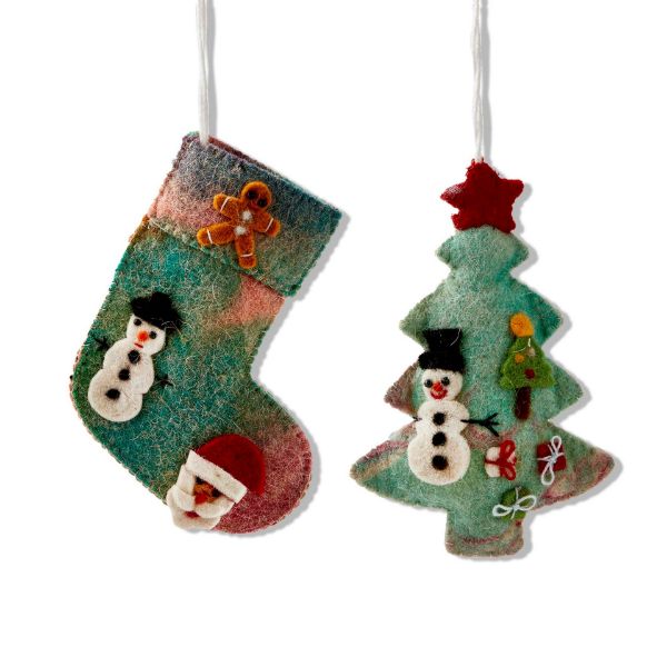 Picture of tie-dye tree & stocking snowman ornament assortment of 2 - multi