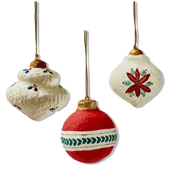 Picture of paper mache holiday botanical ornament assortment of 3 - multi