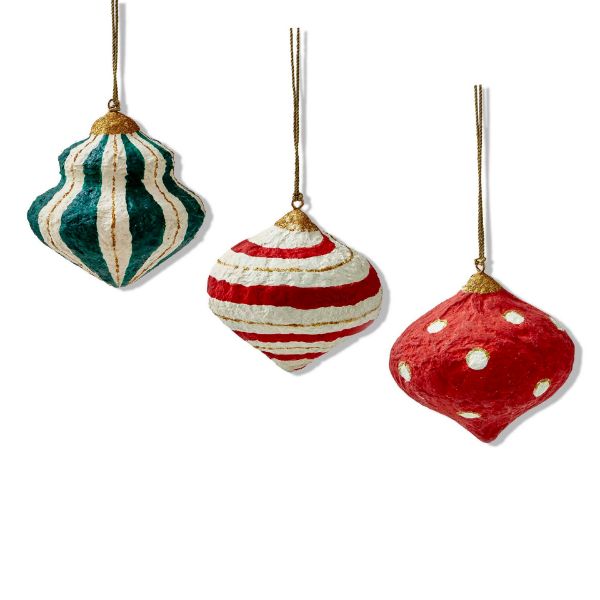 Picture of paper mache holiday dot & stripe ornament assortment of 3 - multi