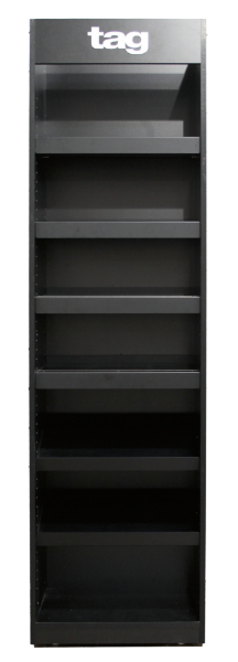 Black metal and particle board display with one fixed shelf and five adjustable shelves, perfect for showcasing products in a retail setting from tag wholesale.