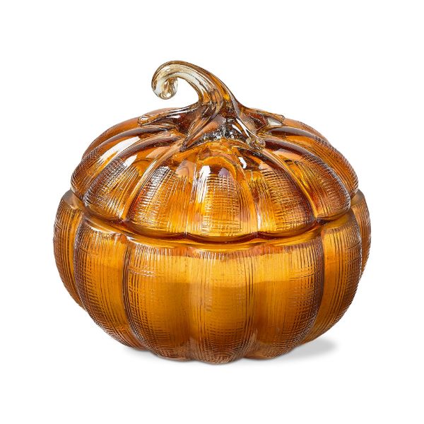 Picture of pumpkin & nectarine vanilla crisp pumpkin candle with lid - amber